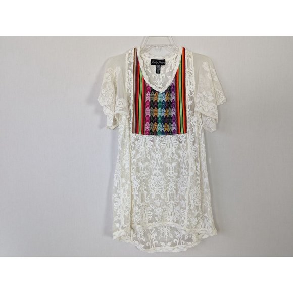 Gretty Zueger Tunic womens Sz S White Bohemian Southwest Lace Sheer colorful - Picture 7 of 9